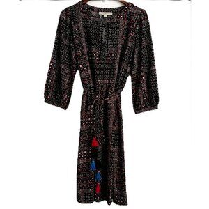 LOFT Midi Dress L Colorful Floral Geometric Tie Front Tassels Cottagecore